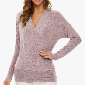 Neineiwu Long Sleeve Wrapped Surplice V Neck Nursing Top Sweater, Small, Pink